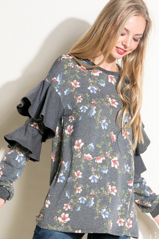 e Luna Floral Mixed Long Sleeve Ruffle Top