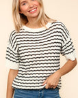 Haptics Openwork Striped Round Neck Half Sleeve Knit Top