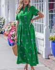 Floral Split Neck Shirred High Waist Maxi Dress