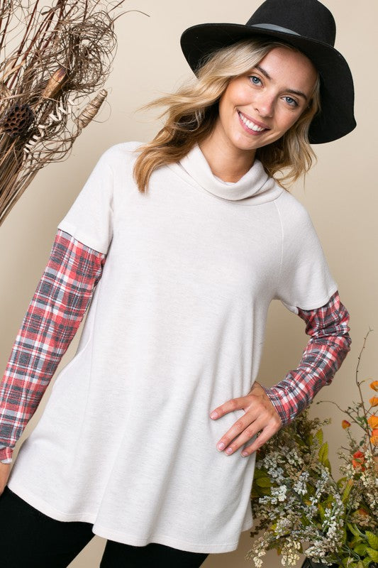 e Luna Plaid Mixed Turtleneck Top