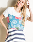 e Luna Solid Striped Floral Print Mixed Top