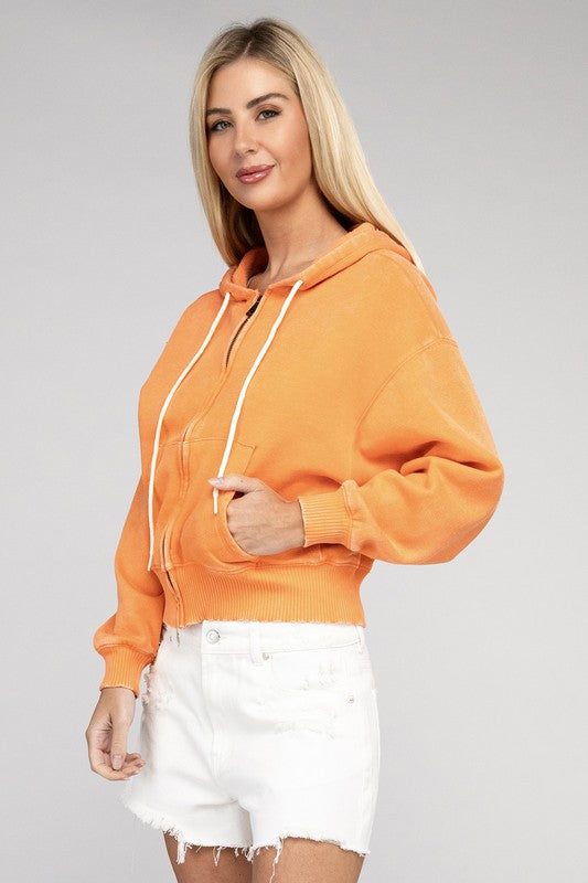 ZENANA Acid Wash Fleece Cropped Zip-Up Hoodie