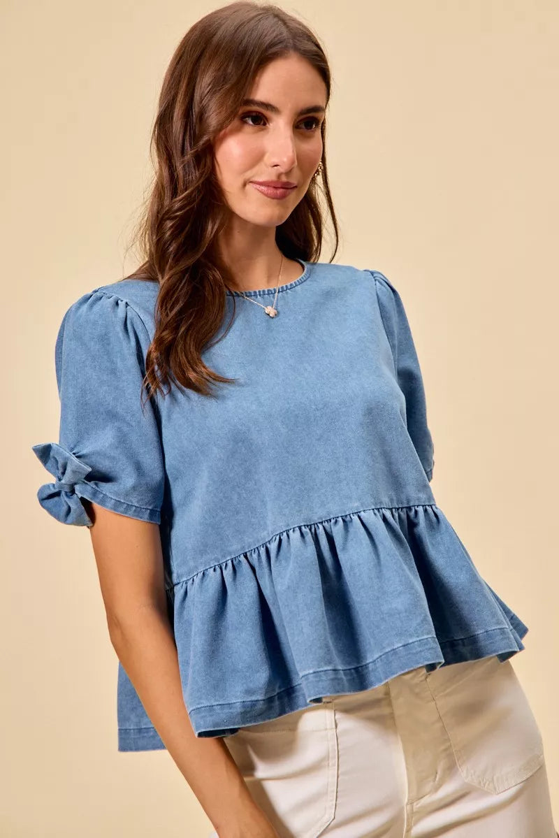 SO ME Denim Bow Detail Short Sleeves Peplum Top