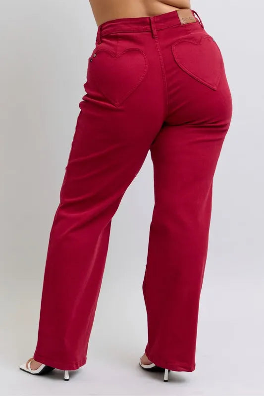 Judy Blue Full Size High Waist Heart Shaped Back Pockets 90's Straight Jeans Plus Size in Scarlet