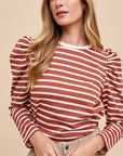 Annie Wear Striped Round Neck Puff Sleeve French Terry Top