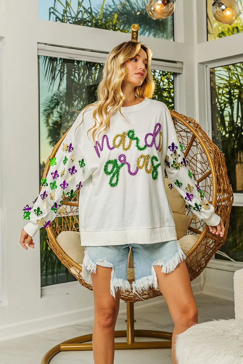 BiBi Fleur De Lis Sleeve Mardi Gras Pullover