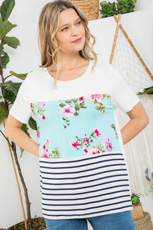 e Luna PLUS Floral Striped Mixed Top