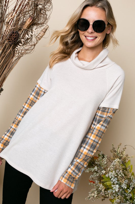 e Luna Plaid Mixed Turtleneck Top