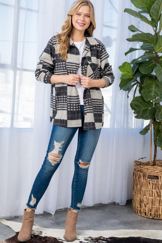 e Luna PLUS Fuzzy Plaid Button Down Shacket