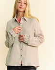 Davi & Dani Crochet Sleeve Crinkled Texture Shirt