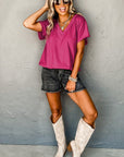 Bright Pink Crinkled V Neck Wide Sleeve T-shirt