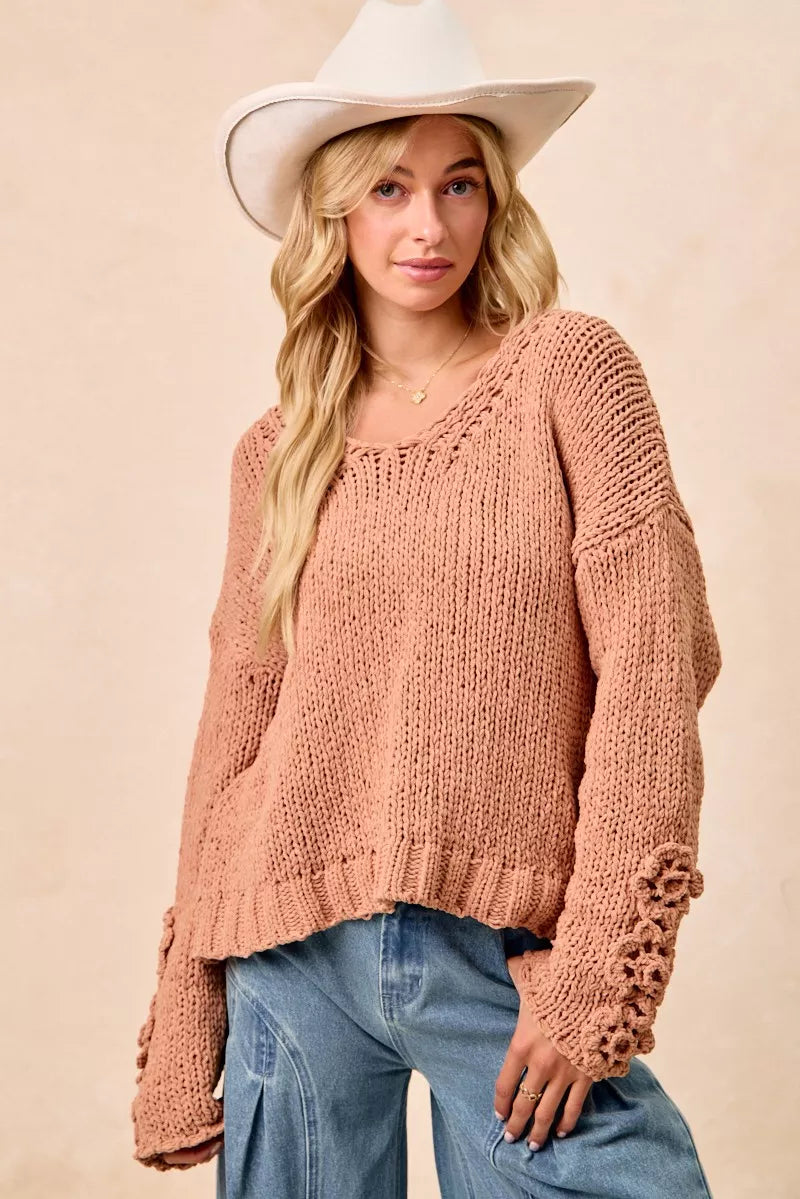 BiBi Chunky Knit Sweater with Flower Detail Sleeves