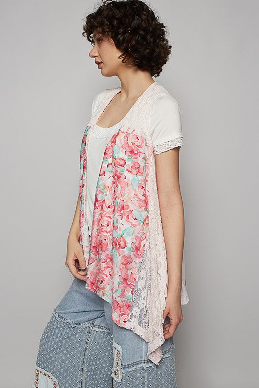 POL Lace Patchwork Floral Open Front Sleeveless Cardigan