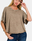 Zenana Washed Round Neck Drop Shoulder Cropped T-Shirt