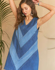 ADORA Chevron Color Block V-Neck Denim Dress