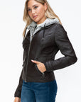 YMI Faux Layered Double-Zipper Jacket with Fuzzy Hood