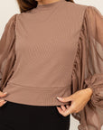 HYFVE Ruched Sheer Long Sleeve Mock Neck Blouse