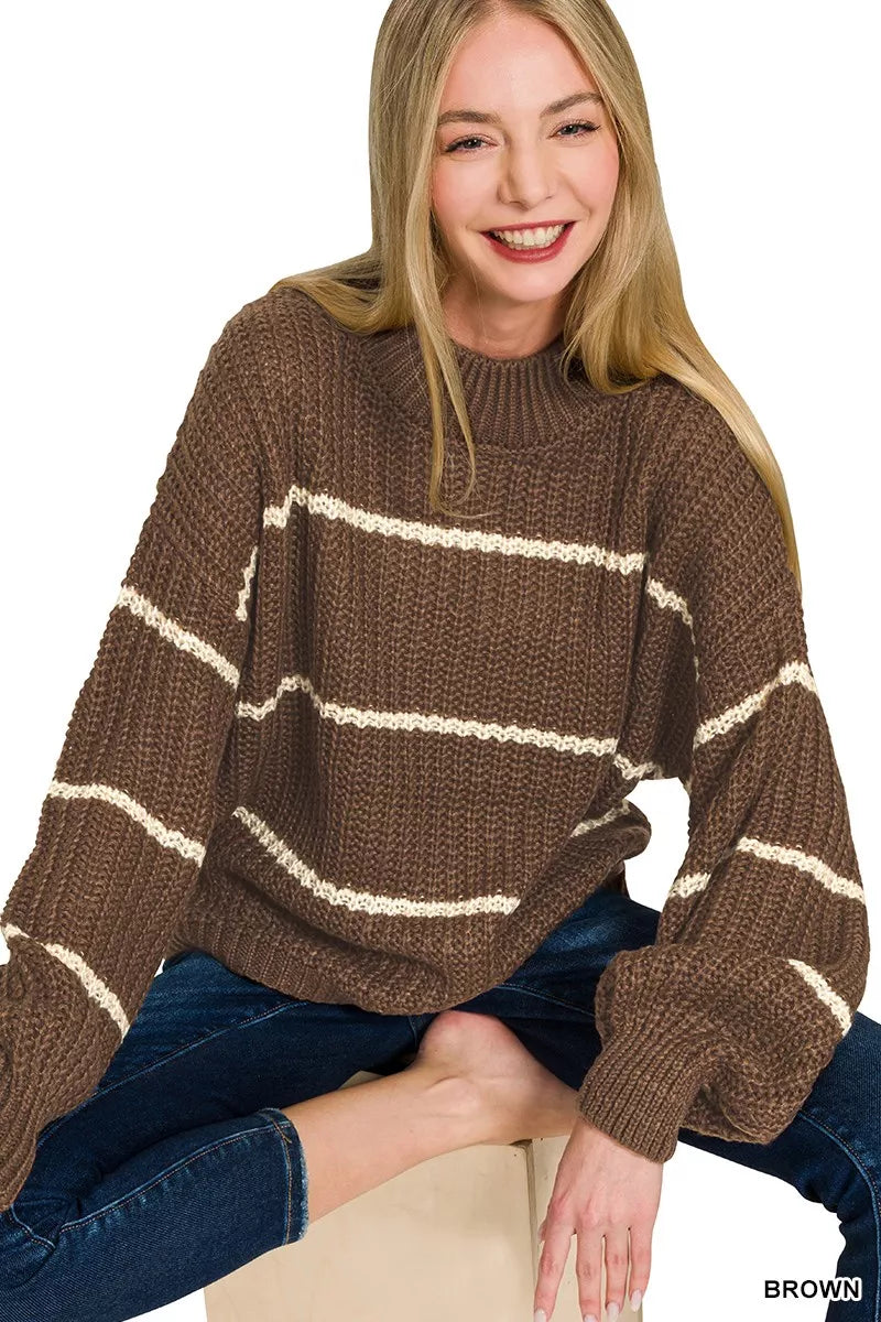 Zenana Oversize Striped Sweater in Brown