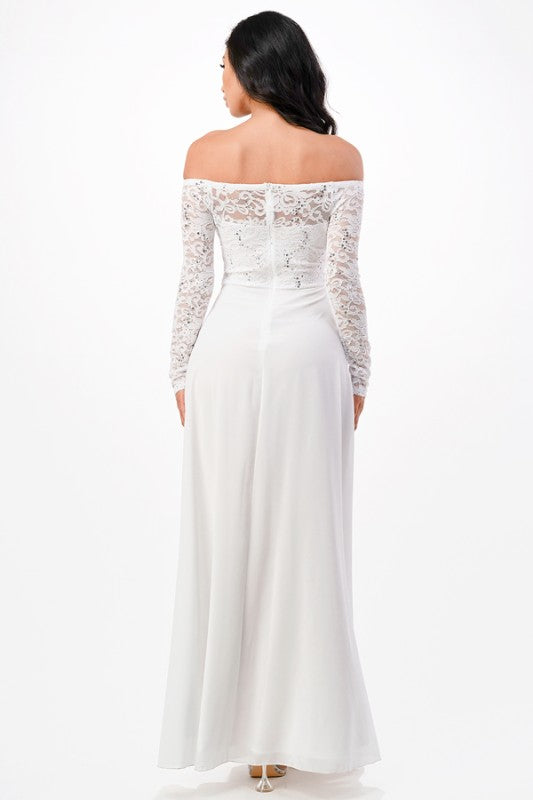 La Scala Plus Size Long Sleeve Lace and Chiffon Gown