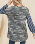 Celeste Full Size Camo Print High-Low T-Shirt with Stripe Sleeves