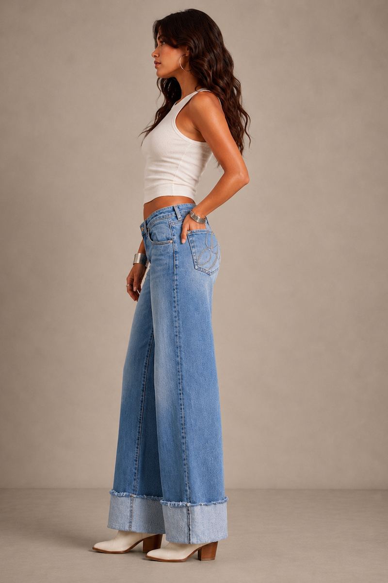 GJG Denim Golden Girl Low-Rise Wide-Leg Jeans — Medium Wash