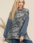 Celeste Full Size Camo Print High-Low T-Shirt with Stripe Sleeves