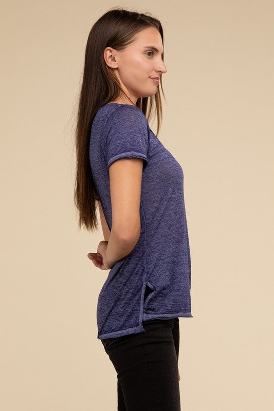 ZENANA Washed Melange Burnout Scoop V-Neck Top
