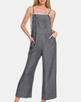 Zenana Washed Adjustable Strap Wide Leg Denim Overalls