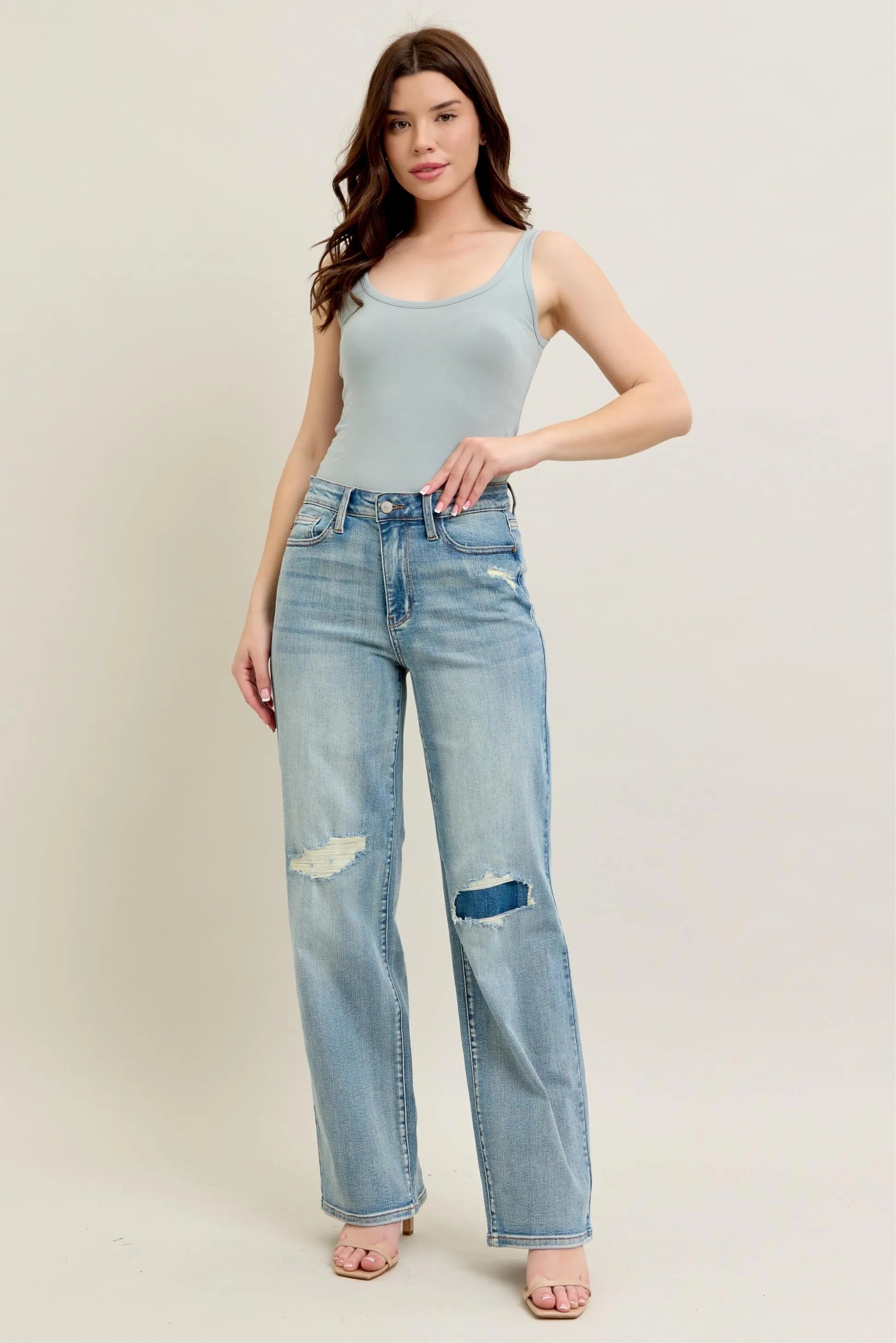 Judy Blue Full Size Hw Destroy & Knee Patch Straight Jeans Plus Size