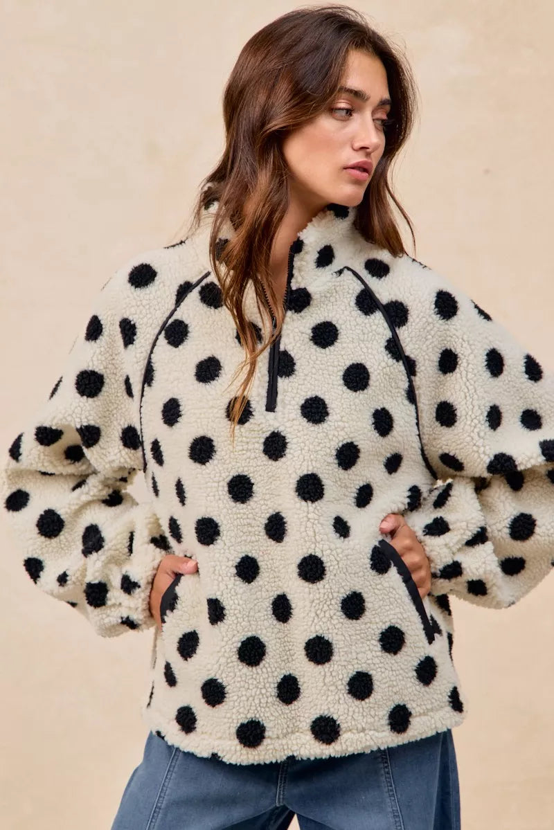 BiBi Polka Dot Sherpa Half Zip Up Top with Side Pocket