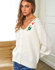 Davi & Dani Flower Embroidered Button Up Long Sleeve Cardigan