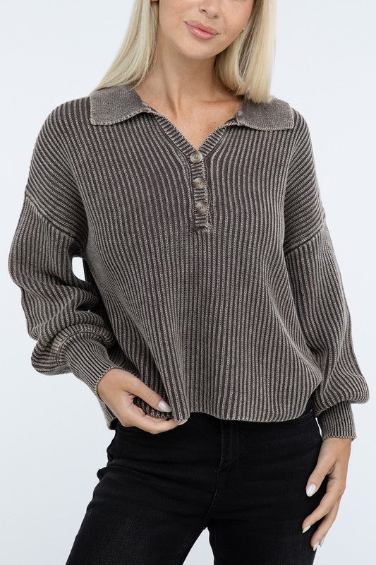 ZENANA Washed Collared Henley Sweater