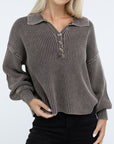 ZENANA Washed Collared Henley Sweater