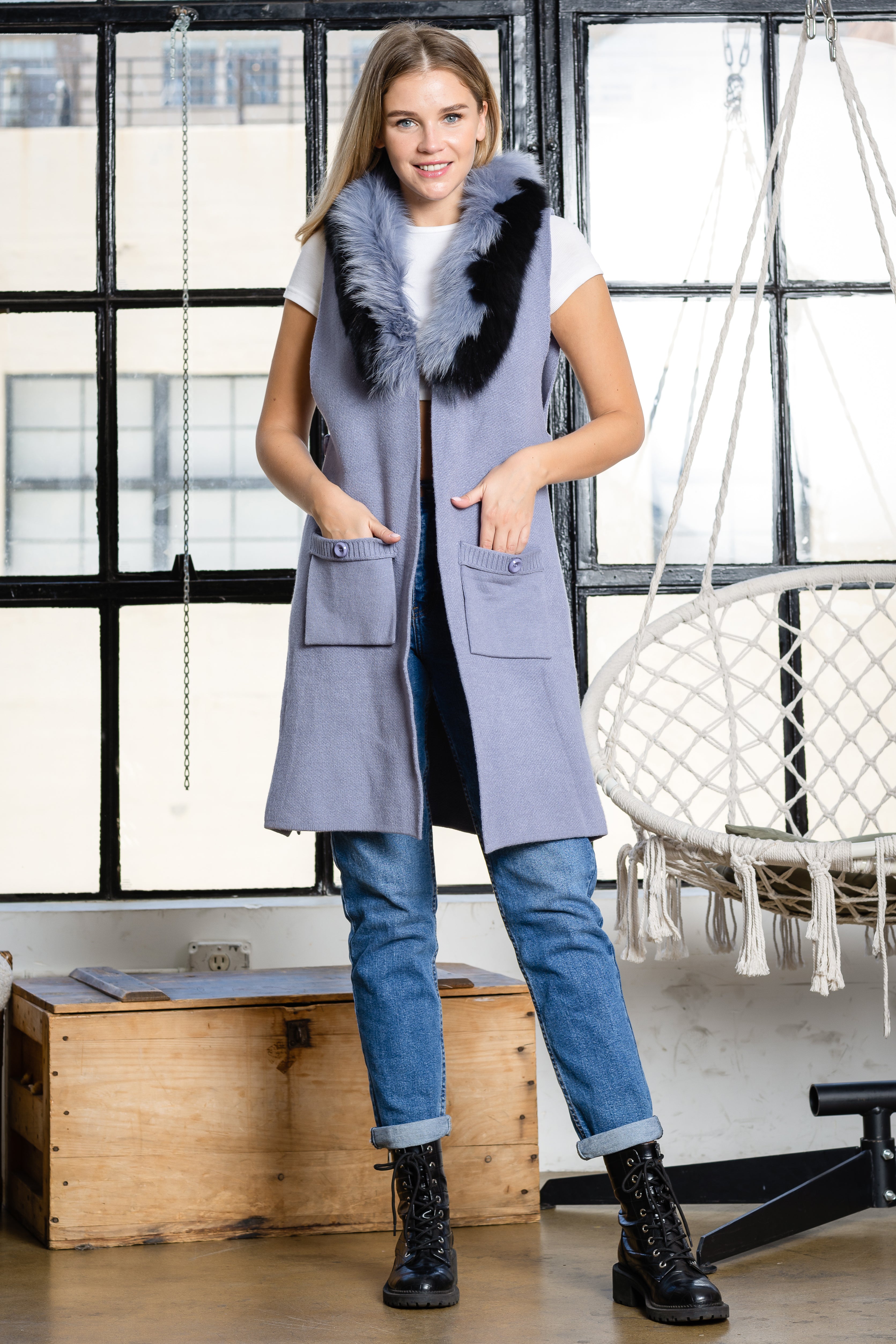 Selma Knitted Sweater Vest with Detachable Faux Fur