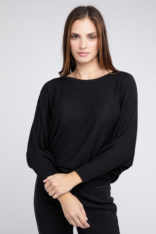 Zenana Ribbed Batwing Long Sleeve Boat Neck Sweater