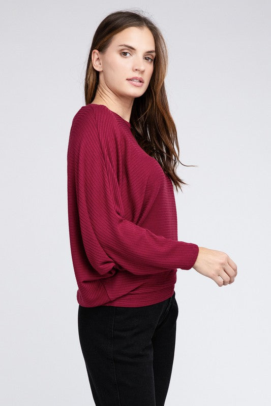 Zenana Ribbed Batwing Long Sleeve Boat Neck Sweater