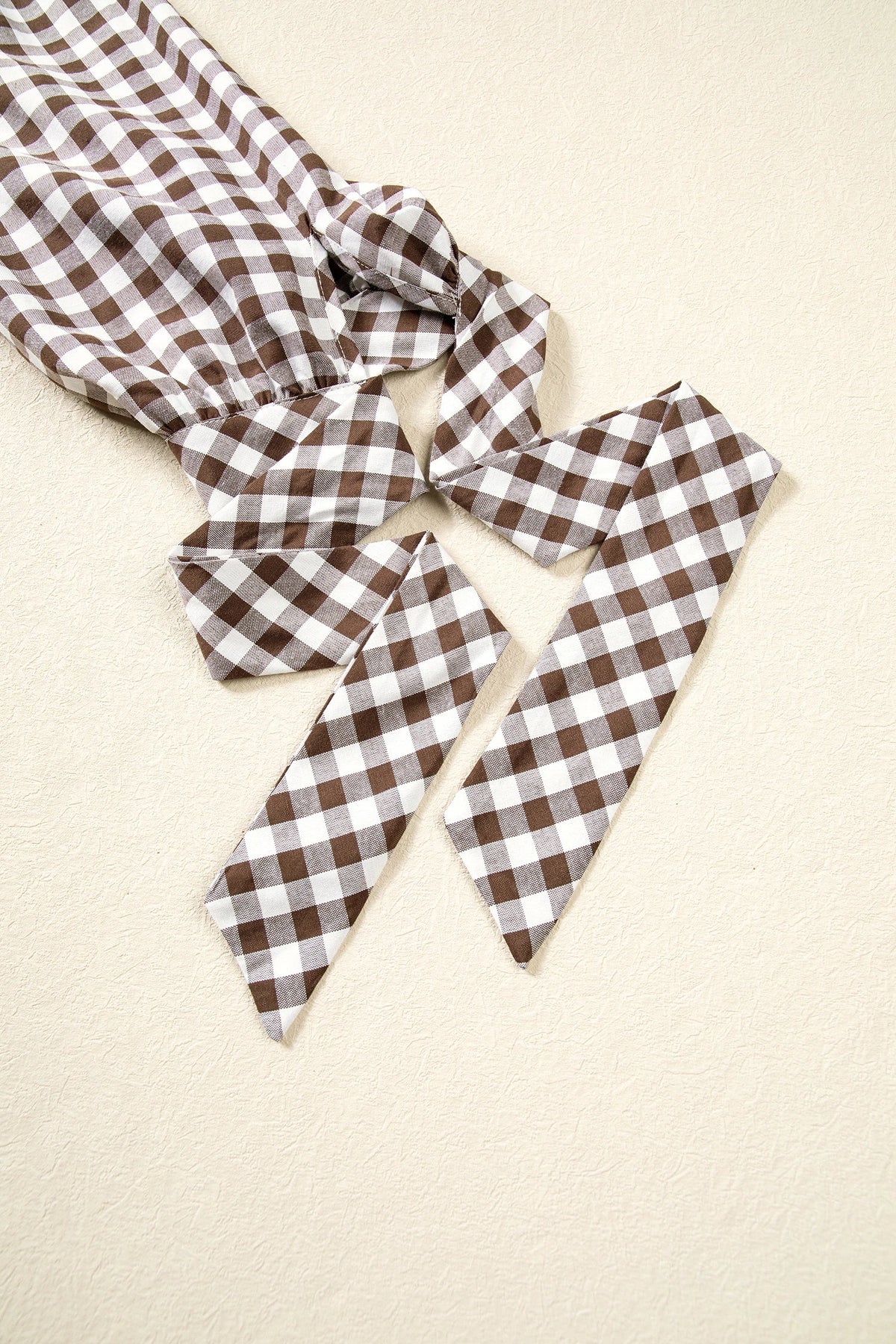 Brown Gingham Ruffle Collar Bow Cuff Blouse