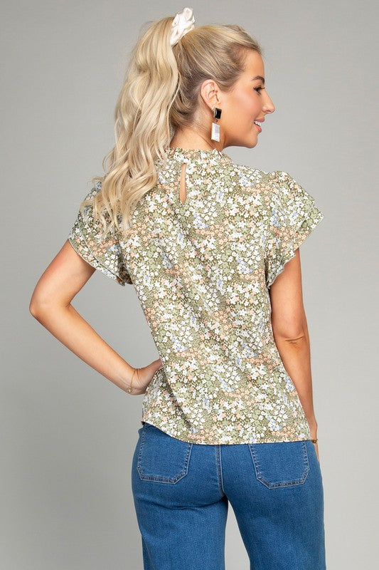 Ditsy Floral Print Butterfly Sleeve Blouse - Online Only