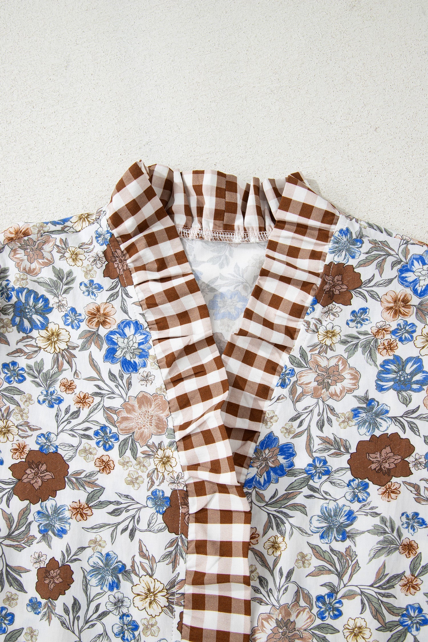 Floral Gingham Plaid Frilled Trim Long Sleeve Blouse