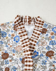 Floral Gingham Plaid Frilled Trim Long Sleeve Blouse