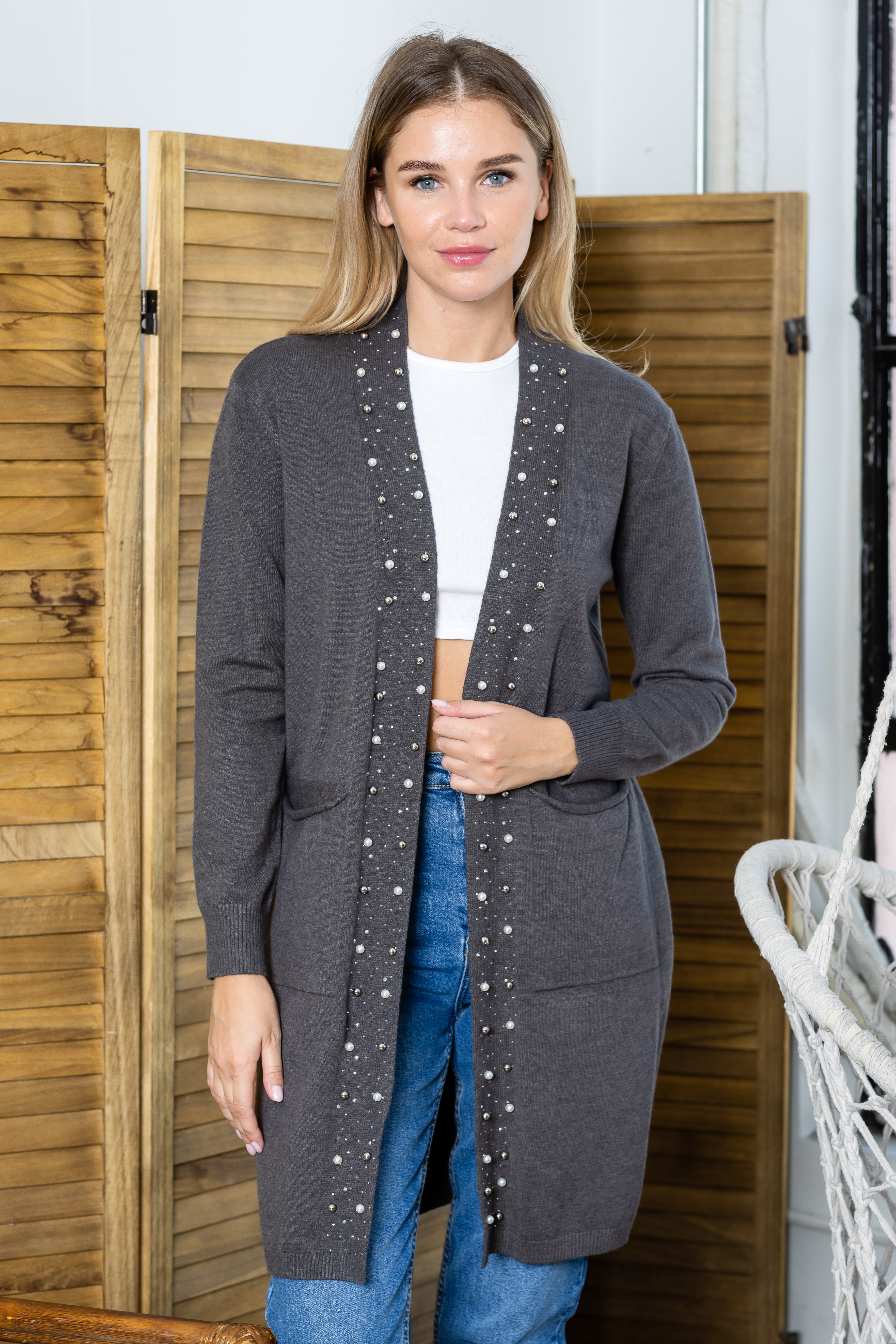 Serra Knitted Sweater Cardigan with Pearls &amp; Sparkles