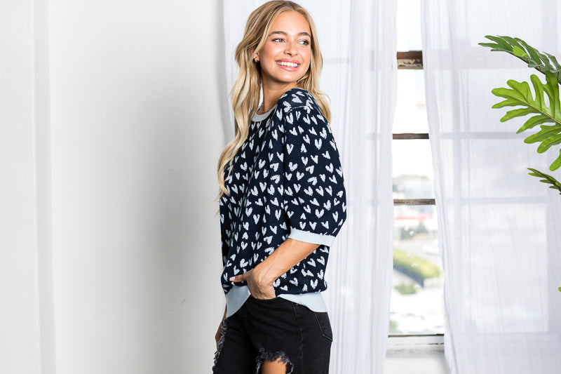 Syeda Stretch Knitted Sweater with Scattered Hearts