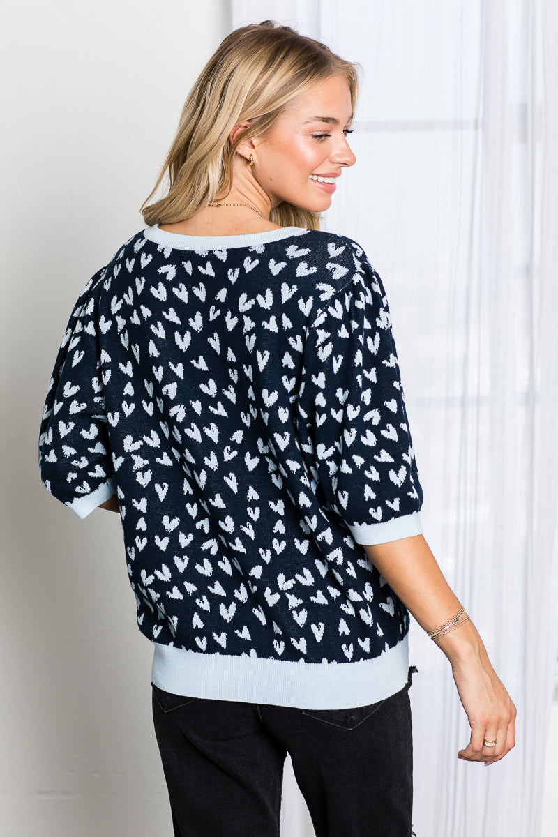 Syeda Stretch Knitted Sweater with Scattered Hearts