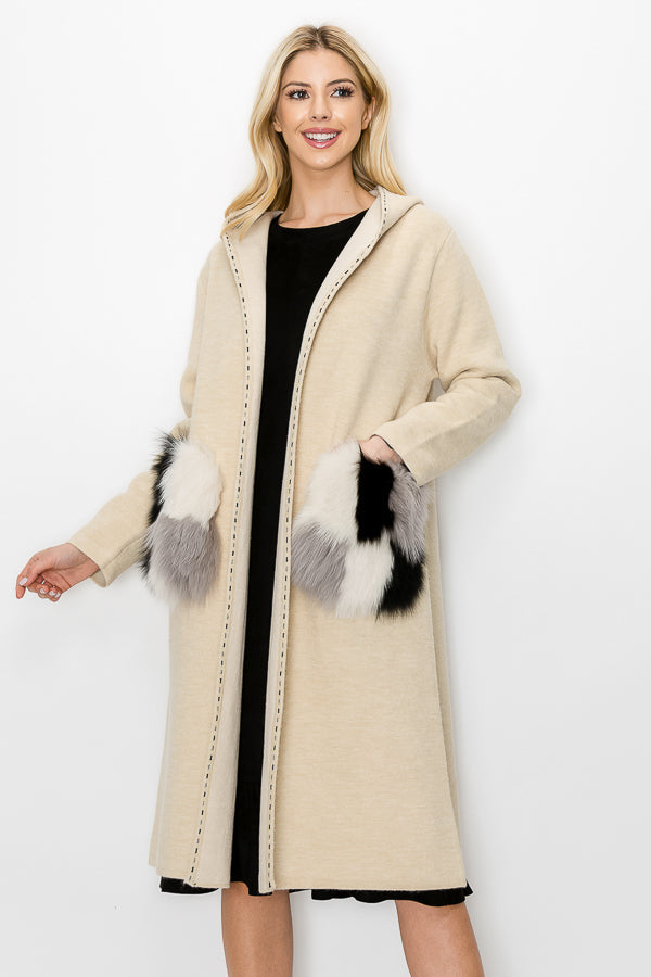 Stella Knitted Sweater Coat with Faux Fur Pockets