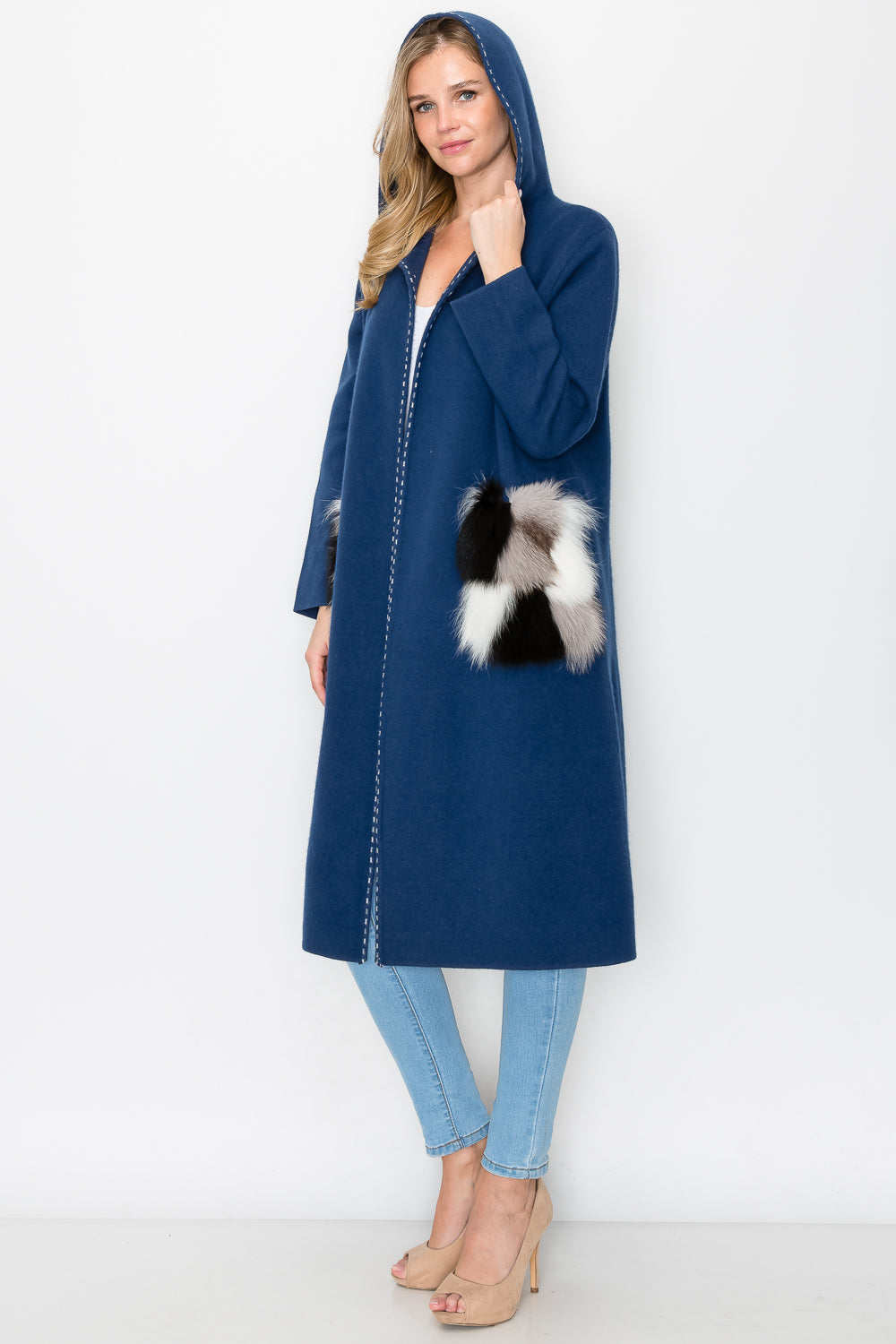 Stella Knitted Sweater Coat with Faux Fur Pockets