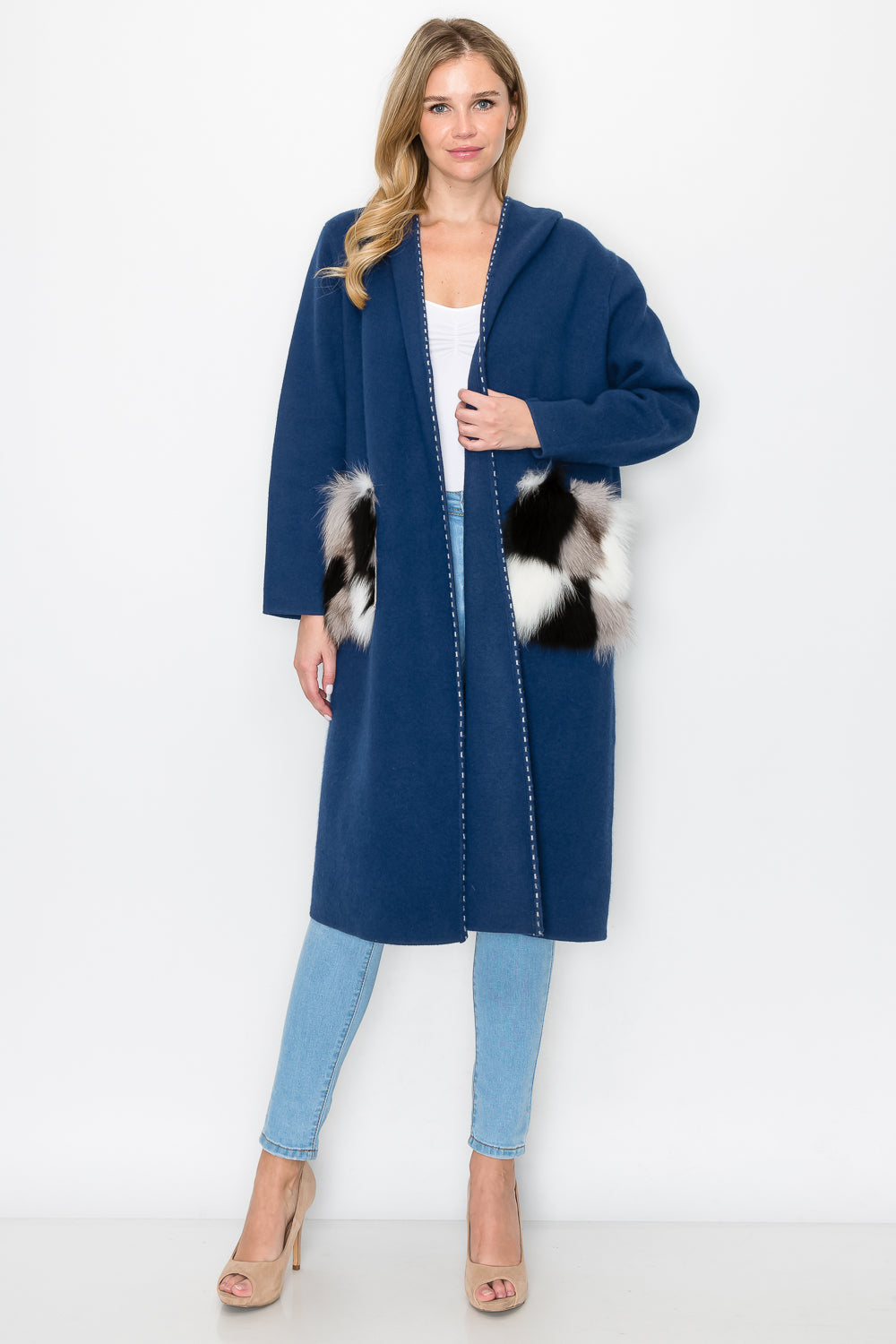 Stella Knitted Sweater Coat with Faux Fur Pockets