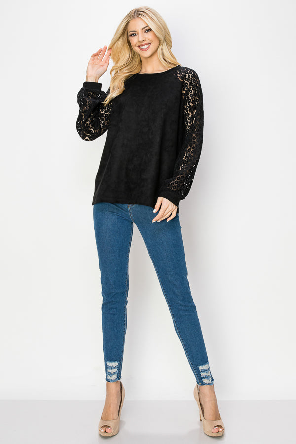 Alura Suede Top with Lace Sleeves