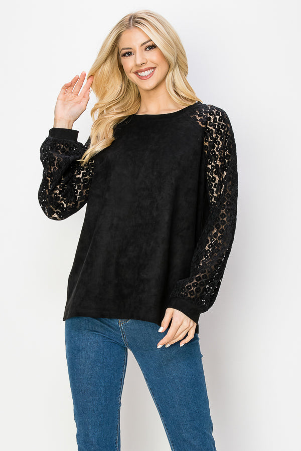 Alura Suede Top with Lace Sleeves