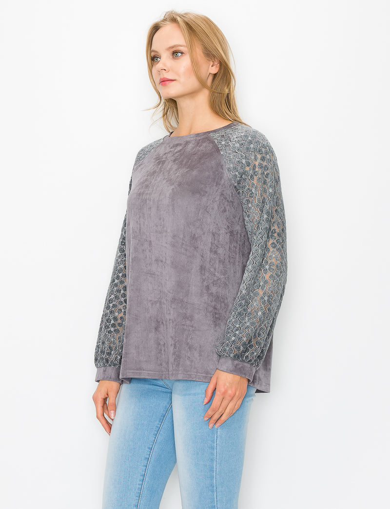 Alura Suede Top with Lace Sleeves