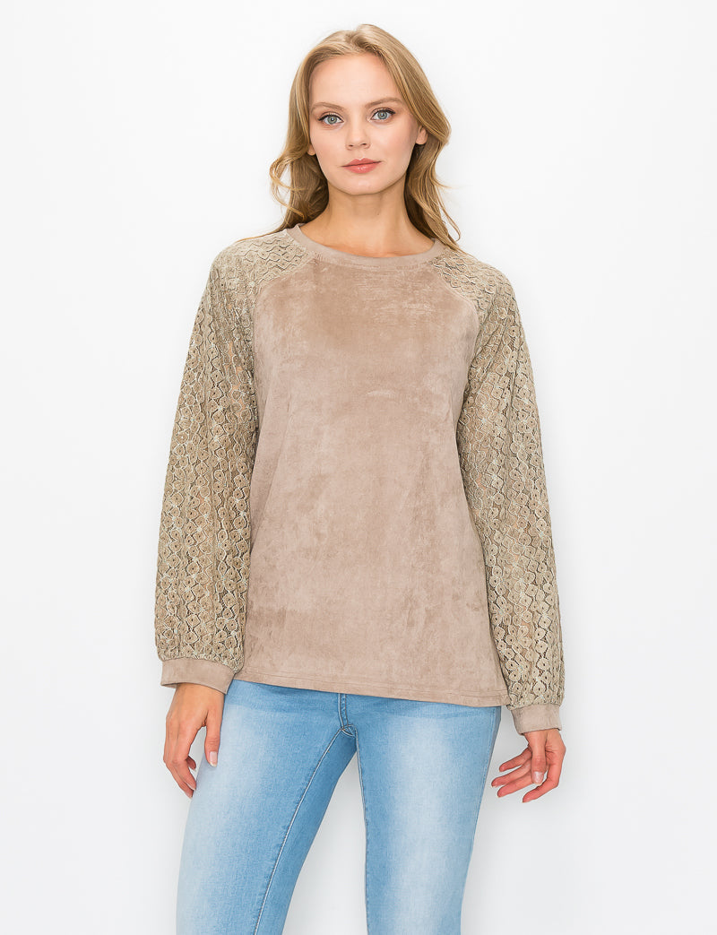 Alura Suede Top with Lace Sleeves